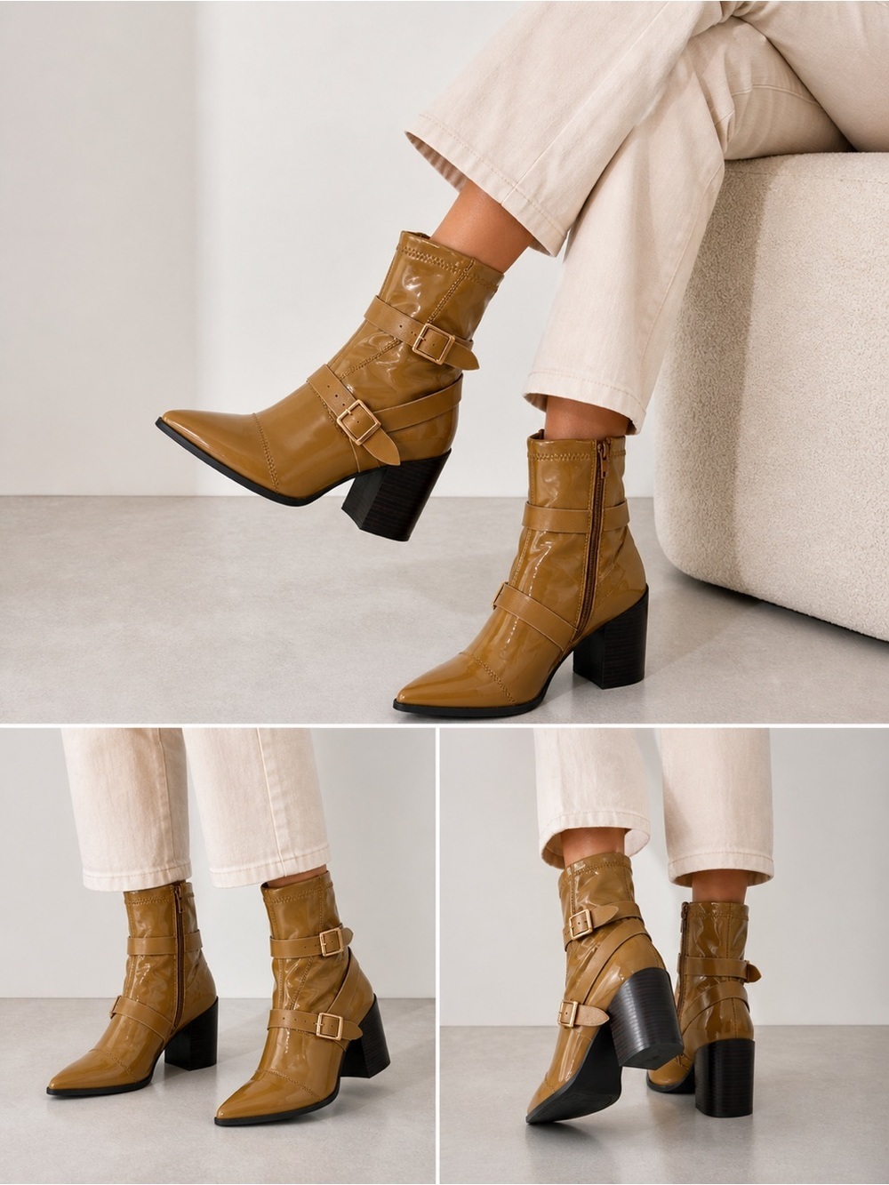 Bamboo Patent Leather Ankle Boots Women’s 7.5 Block Heel Buckle Strap Tan Brown